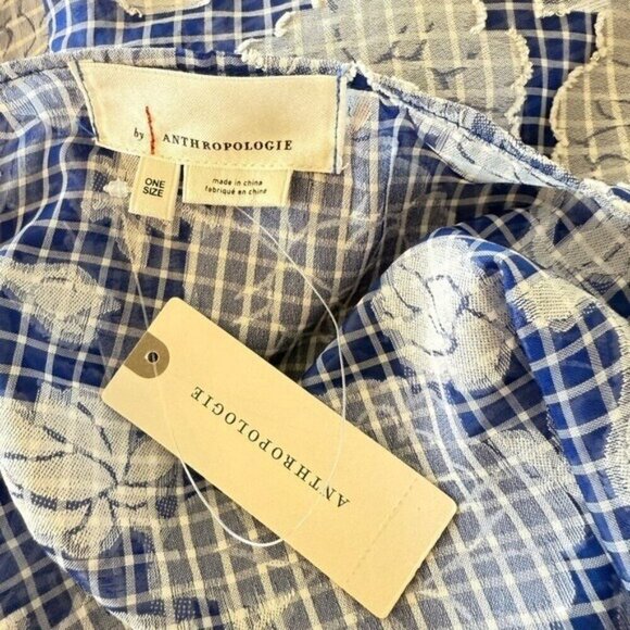 ANTHROPOLOGIE Tie Front Blue Floral Gingham Caftan One Size NEW - Picture 4 of 8